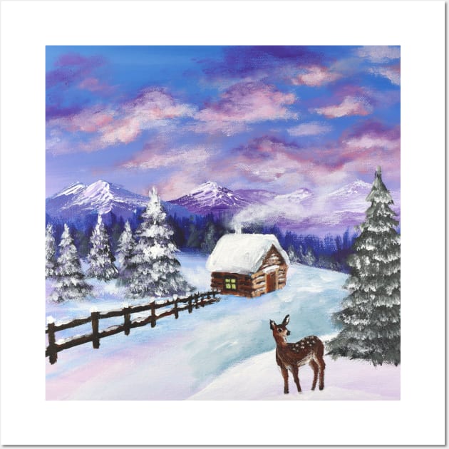 festive winter wonderland scenery mountain evergreen fawn deer Christmas snowy cabin Wall Art by Tina